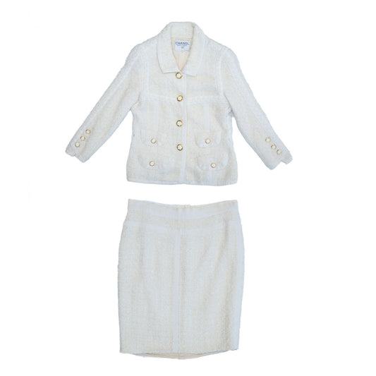 Chanel Vintage Cruise 1992 White Tweed  Camellia Flower  Jacket Suit Size 34