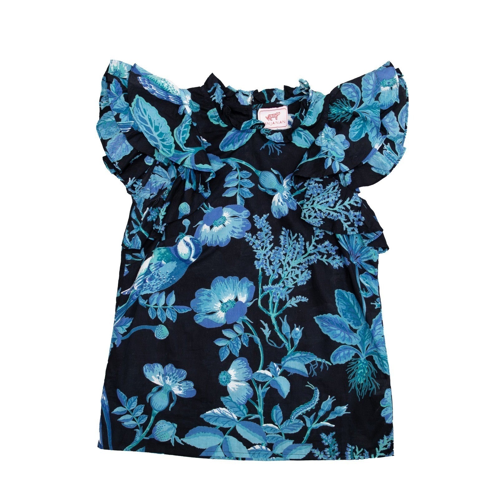 Banjanan Blue Botanical Bird Print Ruffle Cotton Top XS US 0-2 UK 4-6