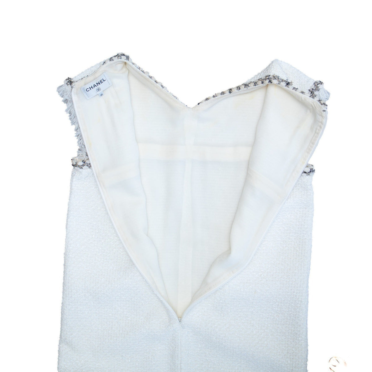 CHANEL White Tweed Sleeveless Dress FR 40 US 8 Fringe Trim CC Owl Button