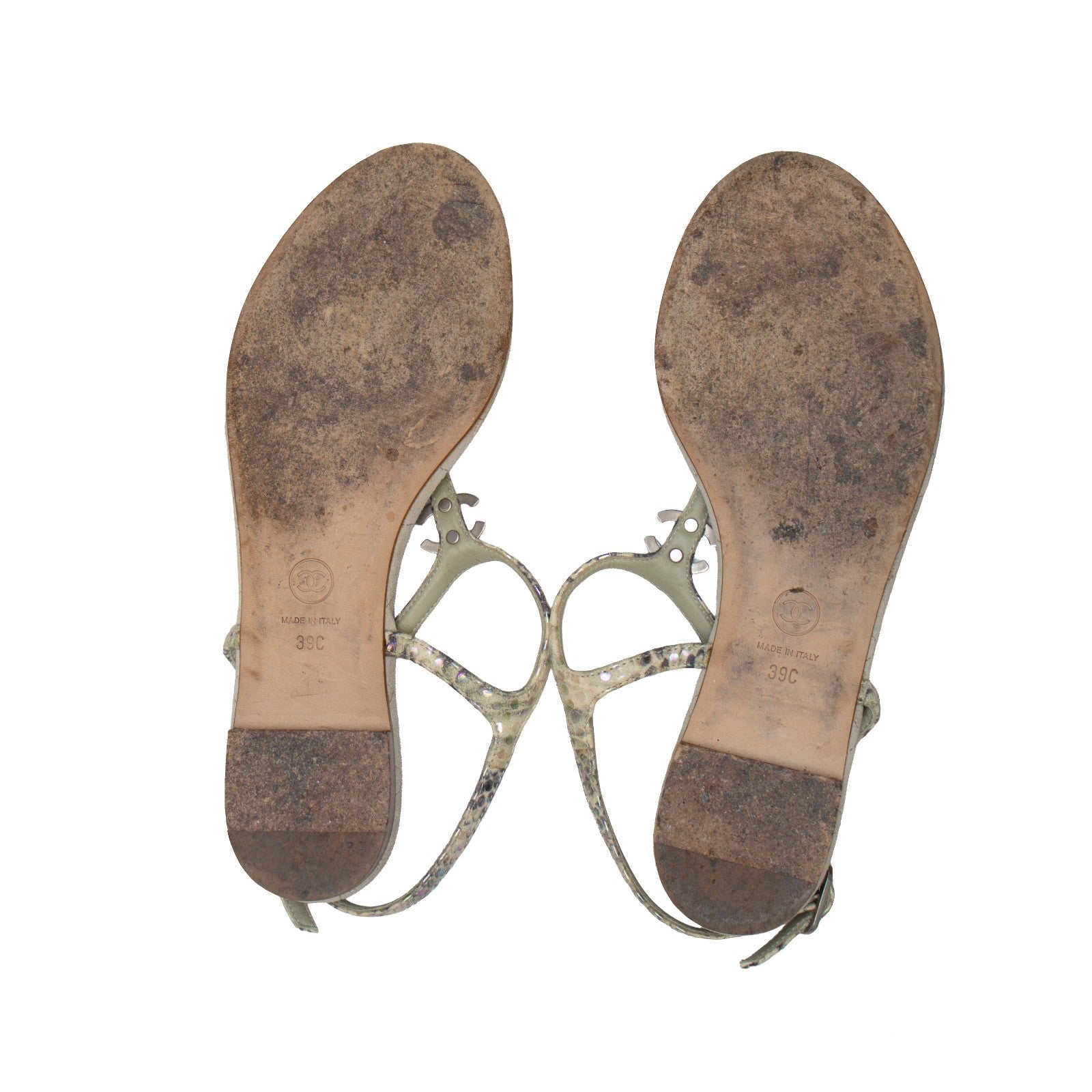 Chanel Green Python Embossed Leather T-Strap Sandals – Size EU 39C / US 8