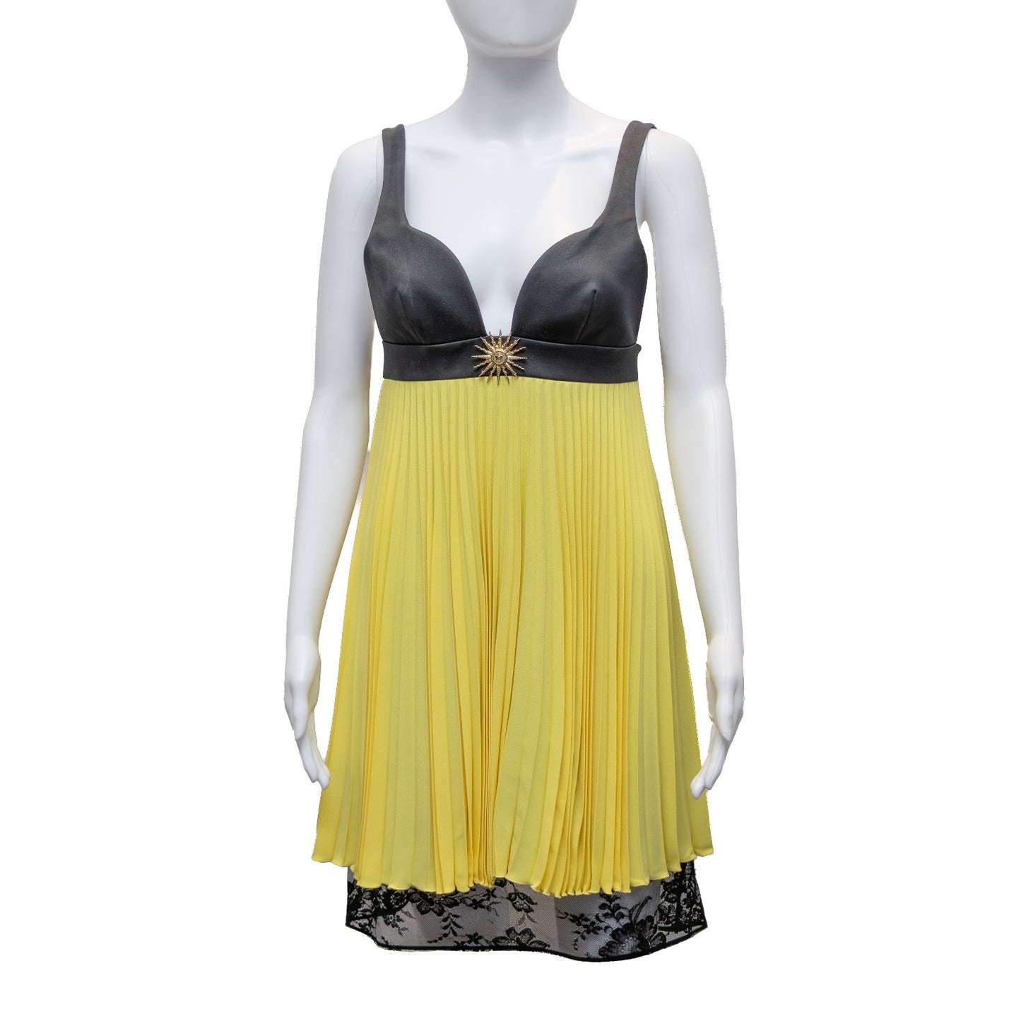 Fausto Puglisi Pleated Slip Dress – Yellow & Black Lace – Size IT 42/ US 6