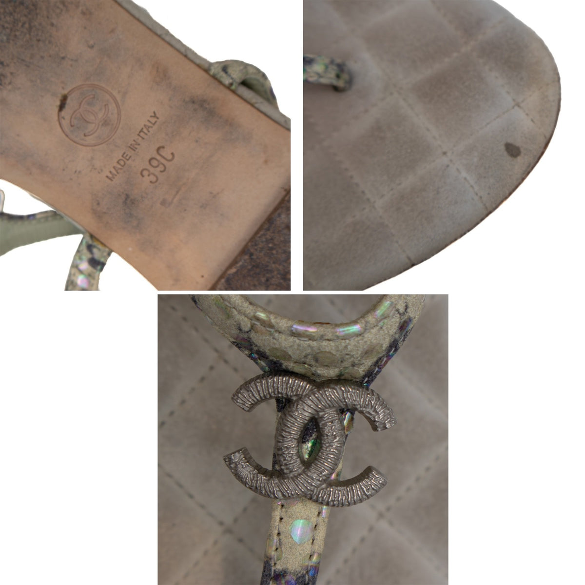 Chanel Green Python Embossed Leather T-Strap Sandals – Size EU 39C / US 8
