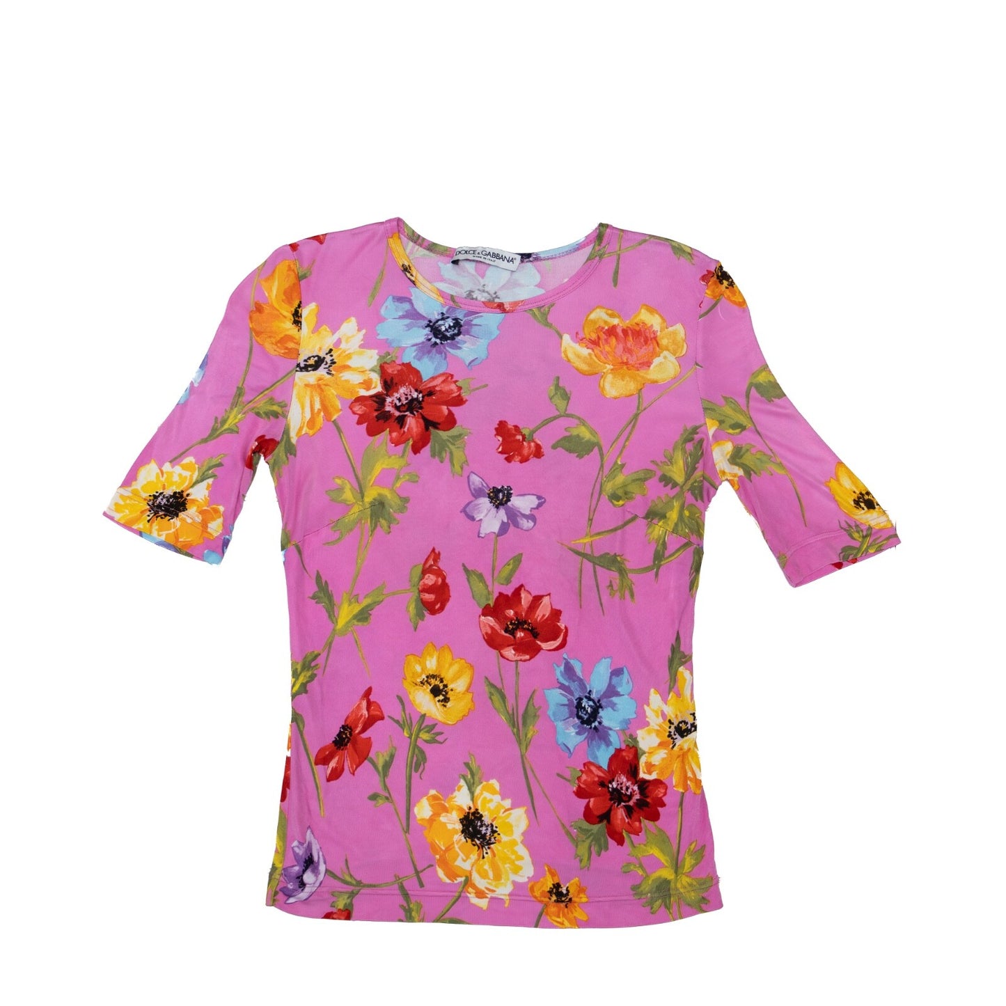 Dolce & Gabbana Pink Floral Stretch Mesh T Shirt Top – US S