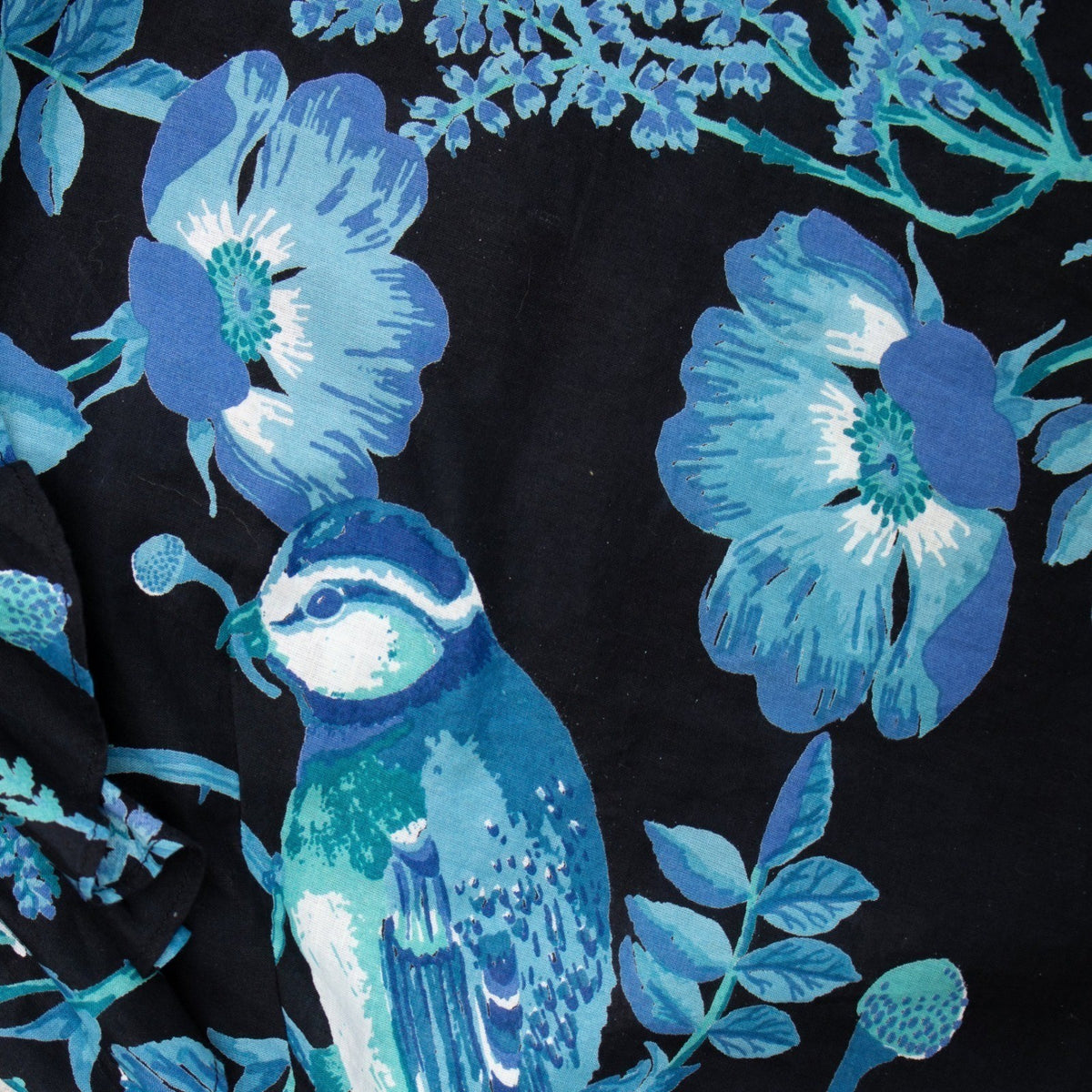Banjanan Blue Botanical Bird Print Ruffle Cotton Top XS US 0-2 UK 4-6