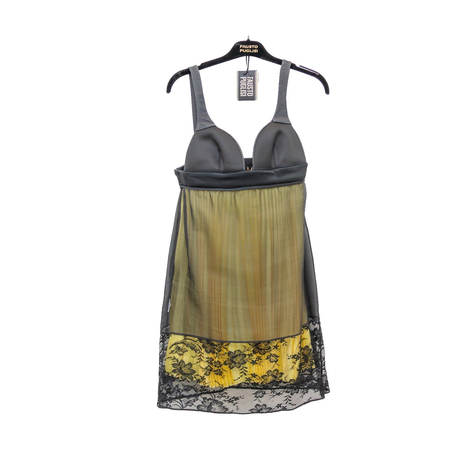Fausto Puglisi Pleated Slip Dress – Yellow & Black Lace – Size IT 42/ US 6