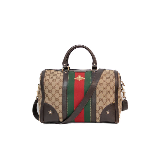 GUCCI Limited Edition GG Supreme Boston Bag Bee Embroidery Web Stripe Star Studs Brown