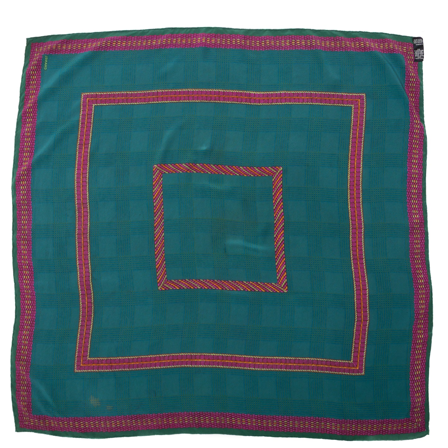 Chanel Vintage Green &amp; Magenta 100% Silk Scarf – Made in Italy – Square Pattern – 33” x 33”