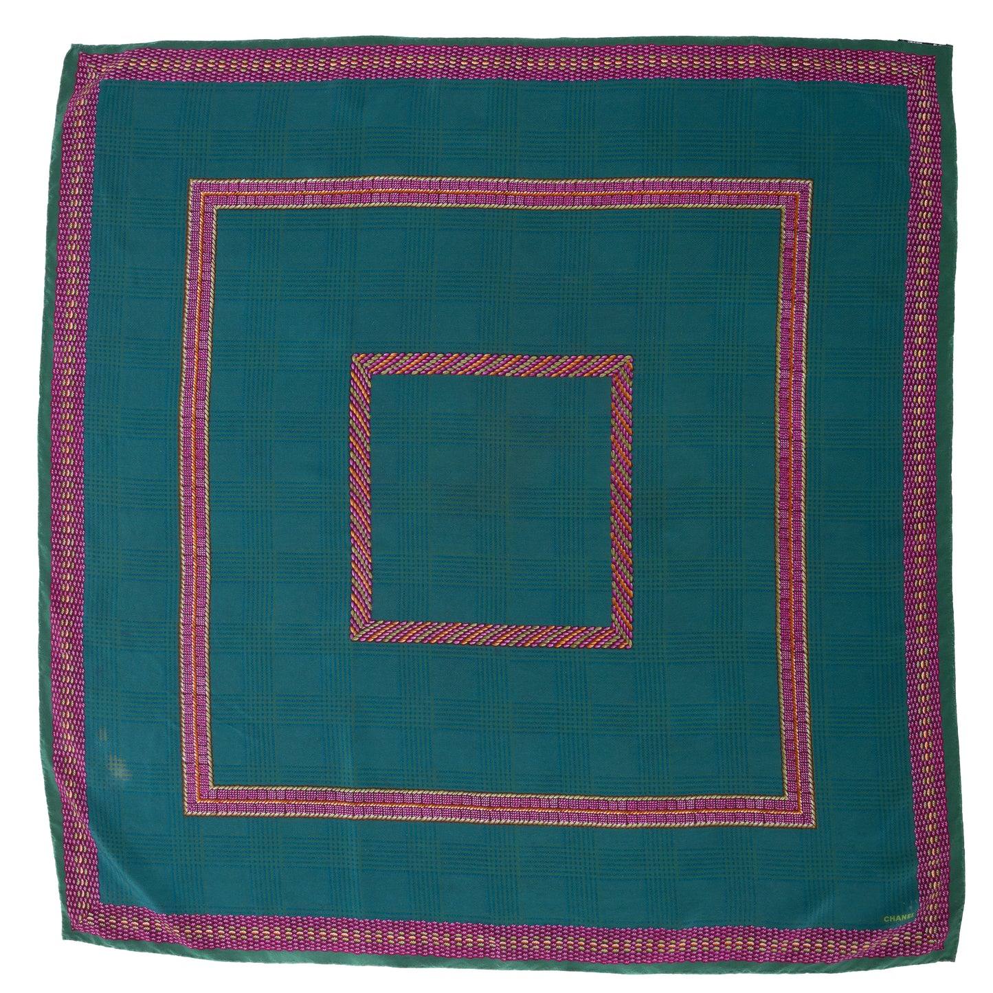 Chanel Vintage Green &amp; Magenta 100% Silk Scarf – Made in Italy – Square Pattern – 33” x 33”