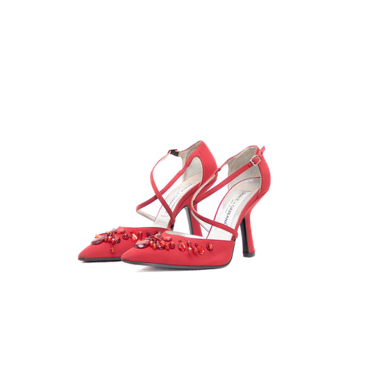 Dolce &amp; Gabbana Red Satin Jeweled Stiletto Heels – Size US 6.5 / UK 4 / EU 36.5