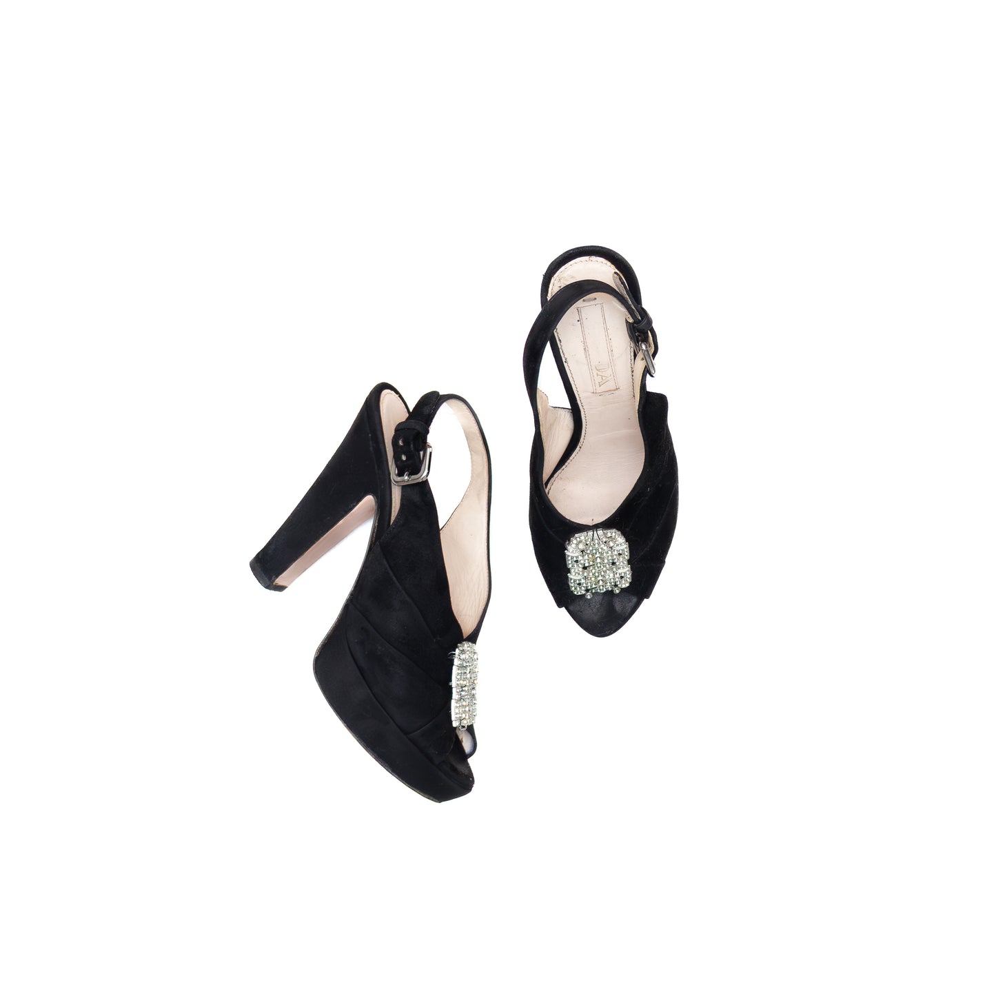 Prada Black Suede Peep-Toe Platform Slingback Heels – Size US 6 / UK 3.5 / EU 36 – Crystal Buckle Detail