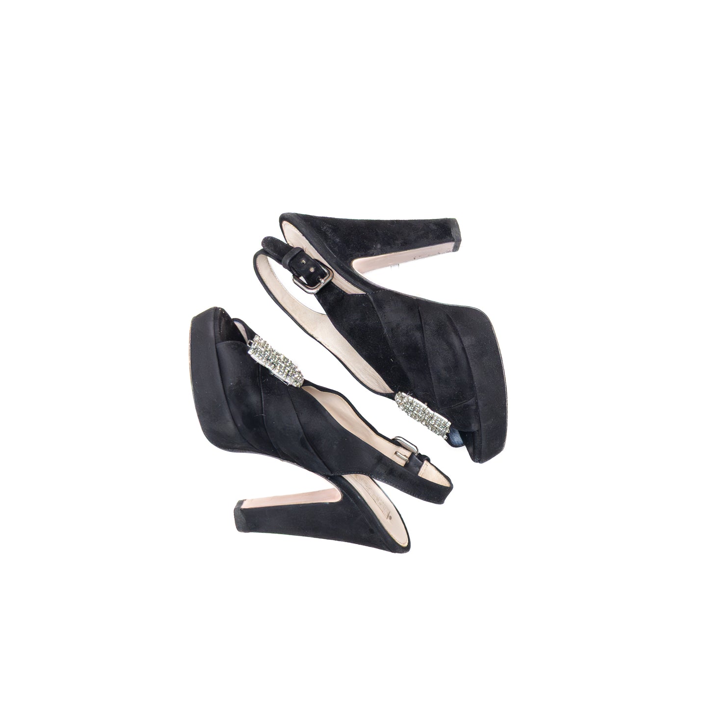 Prada Black Suede Peep-Toe Platform Slingback Heels – Size US 6 / UK 3.5 / EU 36 – Crystal Buckle Detail