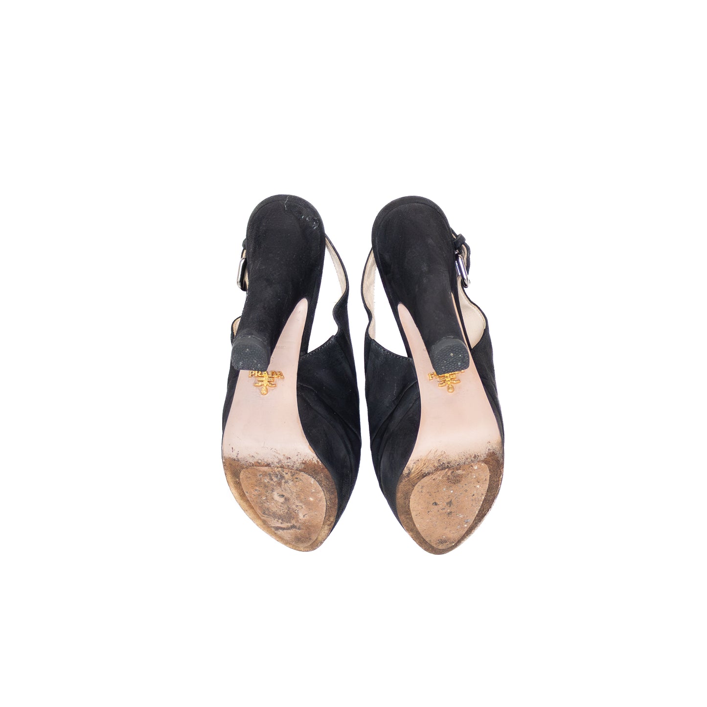 Prada Black Suede Peep-Toe Platform Slingback Heels – Size US 6 / UK 3.5 / EU 36 – Crystal Buckle Detail