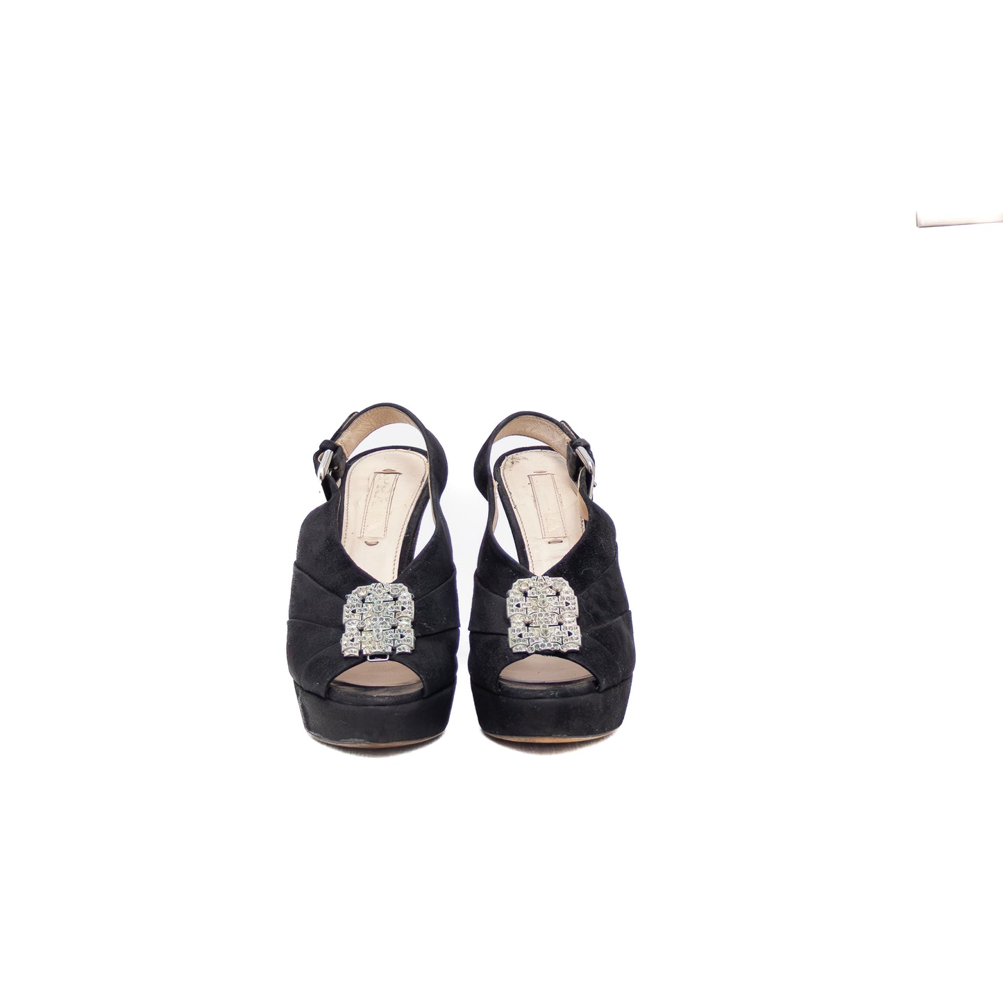 Prada Black Suede Peep-Toe Platform Slingback Heels – Size US 6 / UK 3.5 / EU 36 – Crystal Buckle Detail