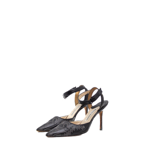 Manolo Blahnik Black Leather Embroidered Ankle-Strap Stiletto Heels – Size  EU 36