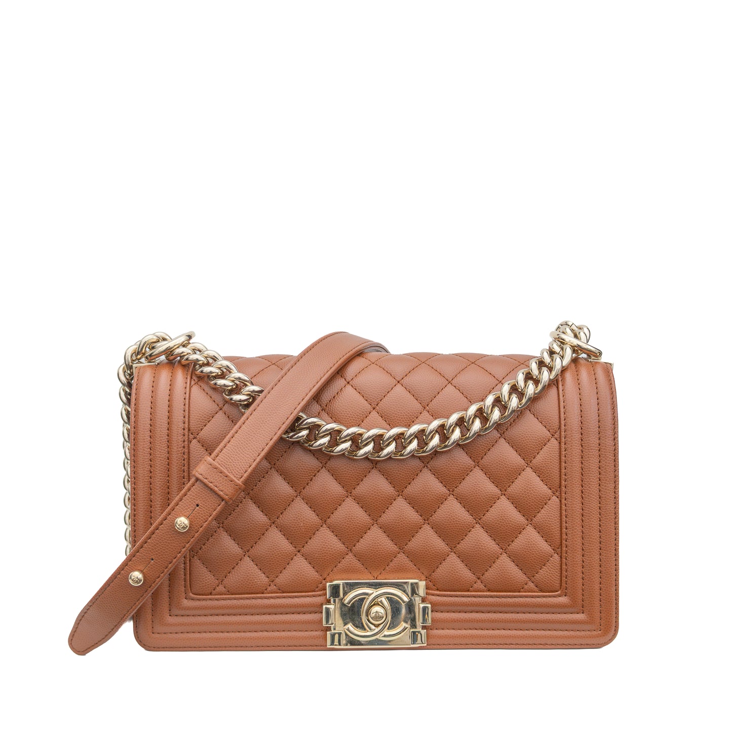 👜 Chanel Boy Bag Medium – Caramel Quilted Caviar Leather with Gold Hardware – Excellent Condition