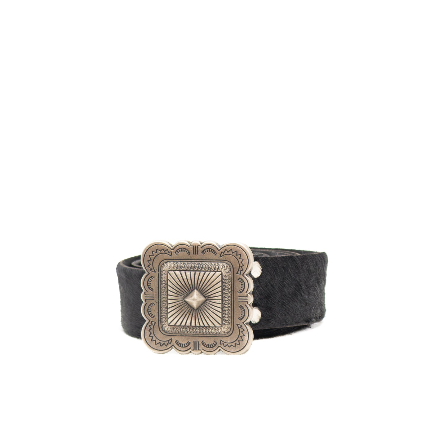 Durval 1993 Black Cowhide Hair Leather Belt w/ Silver Concho Buckle Made in Argentina Size 34