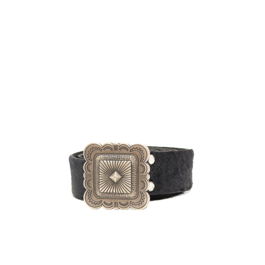 Durval 1993 Black Cowhide Hair Leather Belt w/ Silver Concho Buckle Made in Argentina Size 34