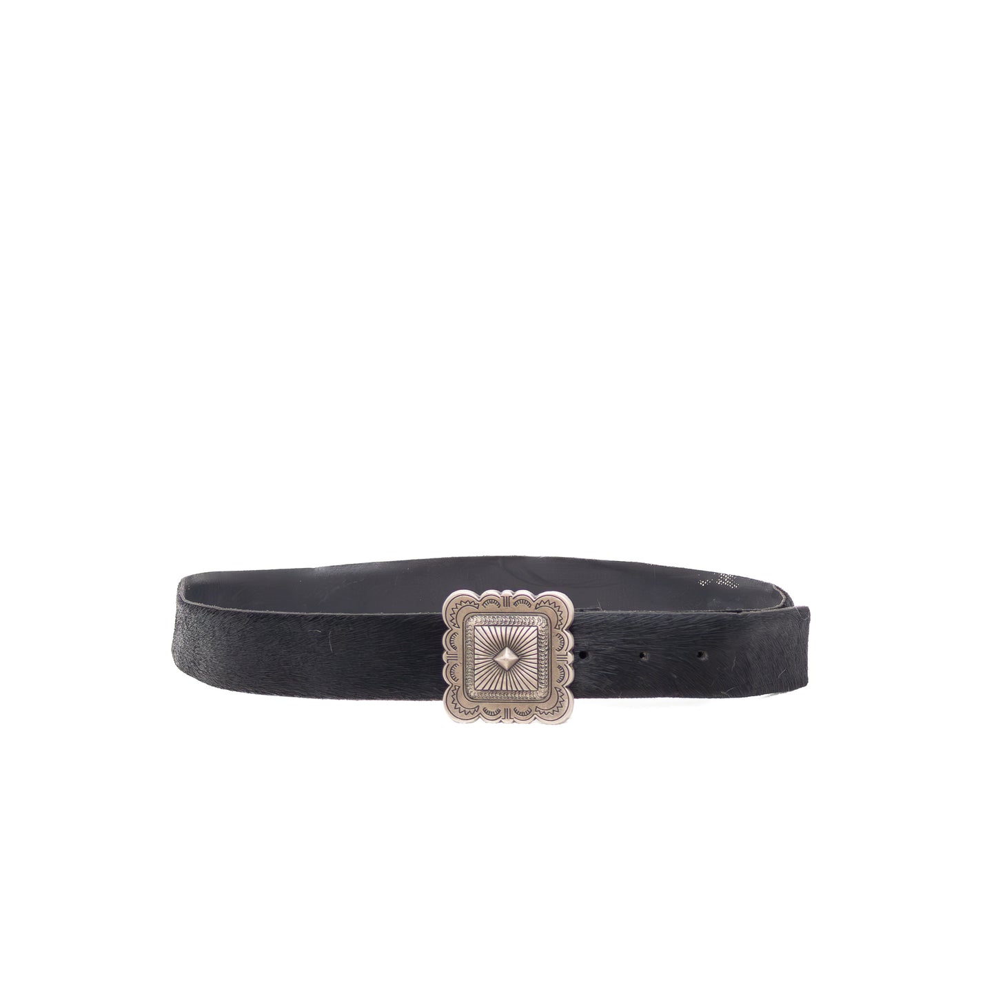 Durval 1993 Black Cowhide Hair Leather Belt w/ Silver Concho Buckle Made in Argentina Size 34