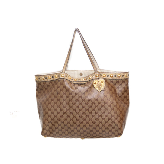Authentic Gucci GG Monogram Canvas Tote Bag with Gold-Tone Studs and Snakeskin Trim