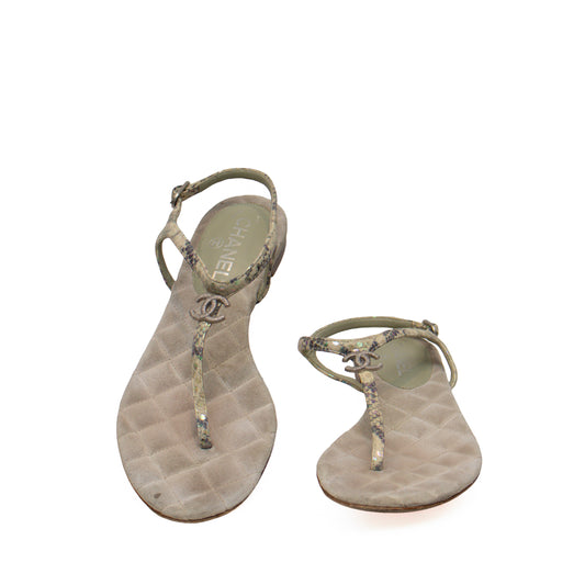 Chanel Green Python Embossed Leather T-strap Sandals – Size EU 39C / US 8.5