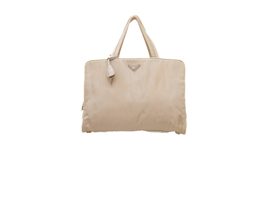 RARE PRADA LOGO TESSUTO NYLON DOUBLE HANDLE HANDBAG PADLOCK KEYS BEIGE