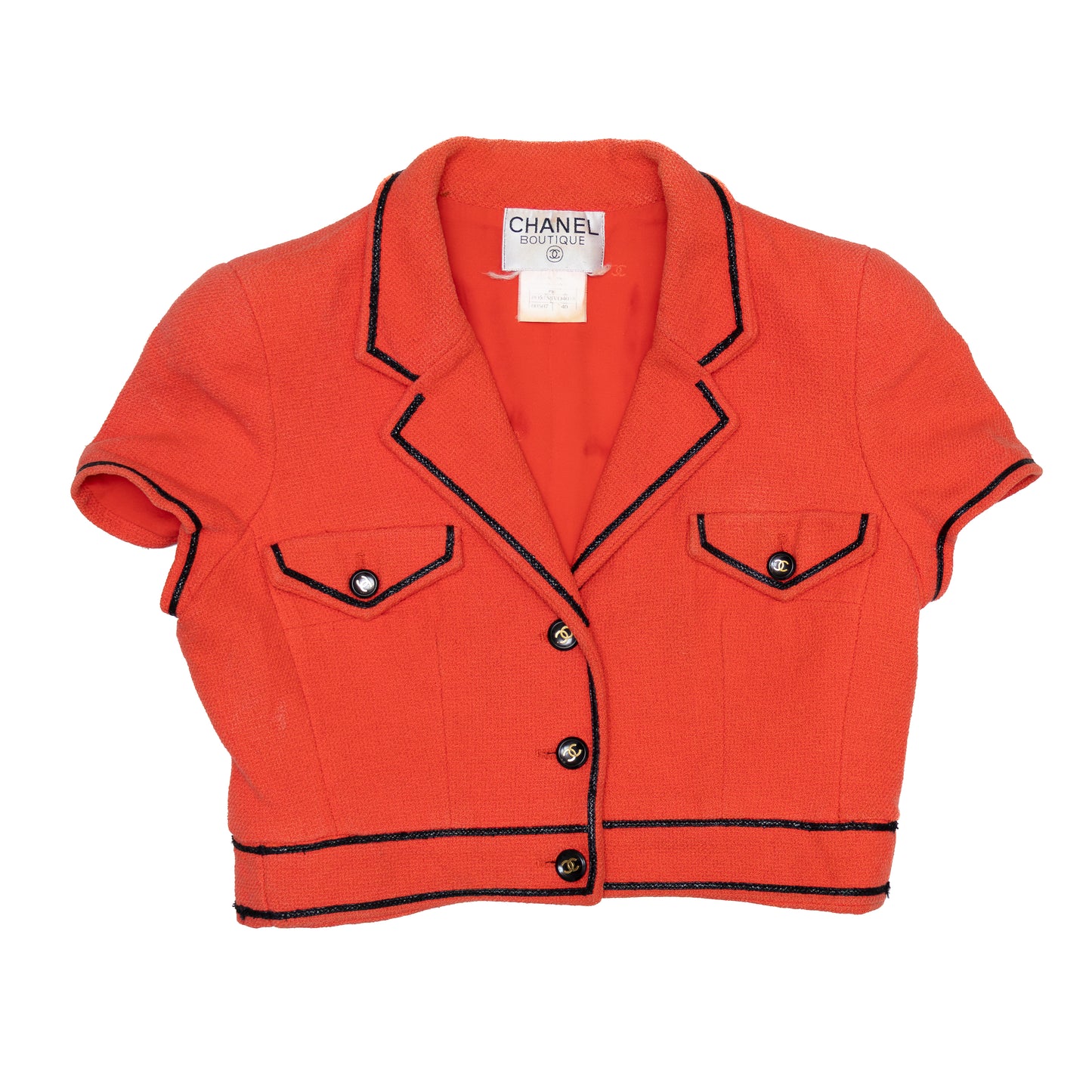 RARE Vintage Chanel Boutique Cropped Orange Bouclé Jacket – Runway Look #1 – S/S 1995 “Barbie Collection” – Claudia Schiffer – FR 40 (Fits Like US 2–4 / UK 6–8 / XS–S)