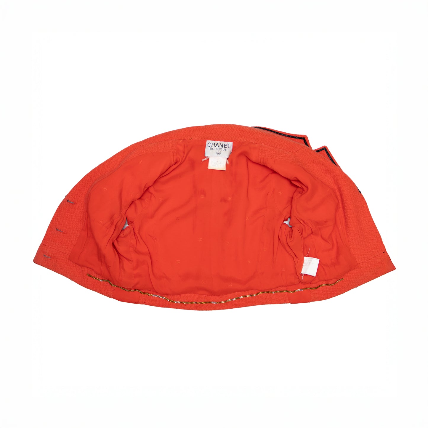 RARE Vintage Chanel Boutique Cropped Orange Bouclé Jacket – Runway Look #1 – S/S 1995 “Barbie Collection” – Claudia Schiffer – FR 40 (Fits Like US 2–4 / UK 6–8 / XS–S)