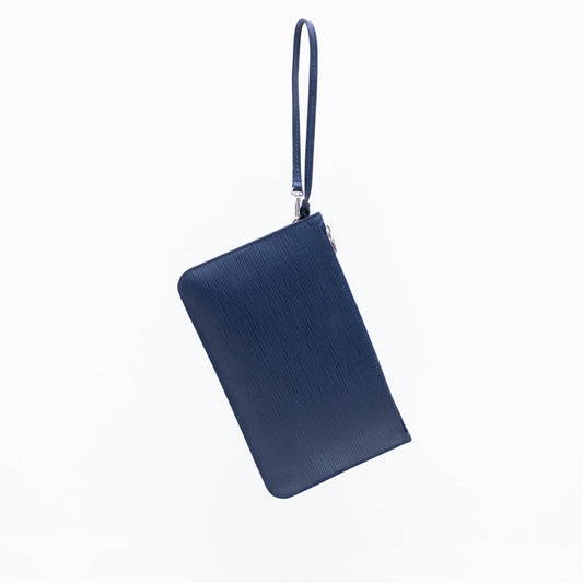 LOUIS VUITTON Blue Marine Epi Leather Neverfull WRISTLET Pochette Fuschia