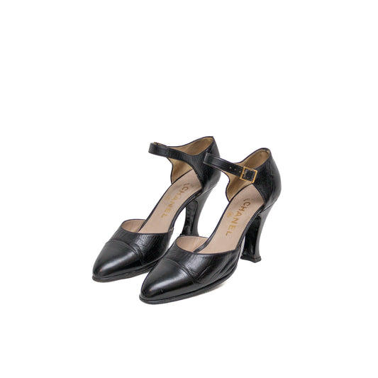 Vintage Chanel Black Leather Mary Jane Heels with Sculpted Heel – Size 35.5 (US 5.5 / UK 3 / EU 35.5)