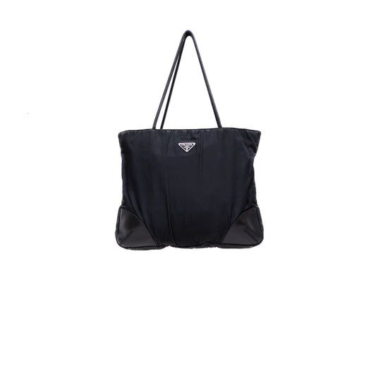 PRADA Black Tessuto Nylon Calf Trimmed Totebag Triangle Logo Women’s Handbag