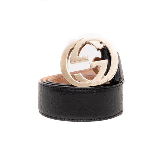 Gucci Black Leather GG Embossed Belt with Gold-Tone Buckle – Size 80/32