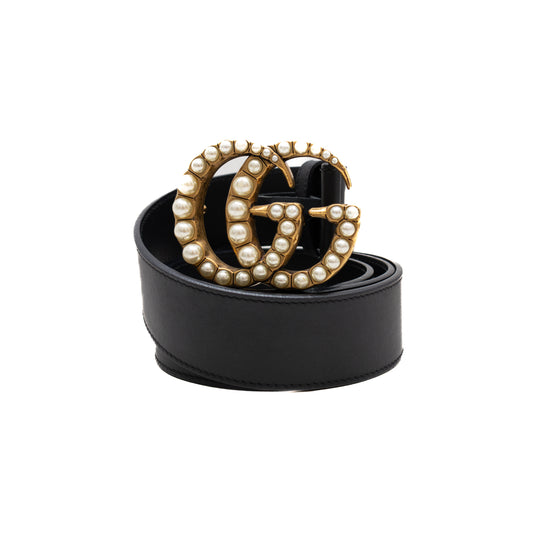Gucci Pearl GG Buckle Belt Black Leather Gold Size 90cm 36 US