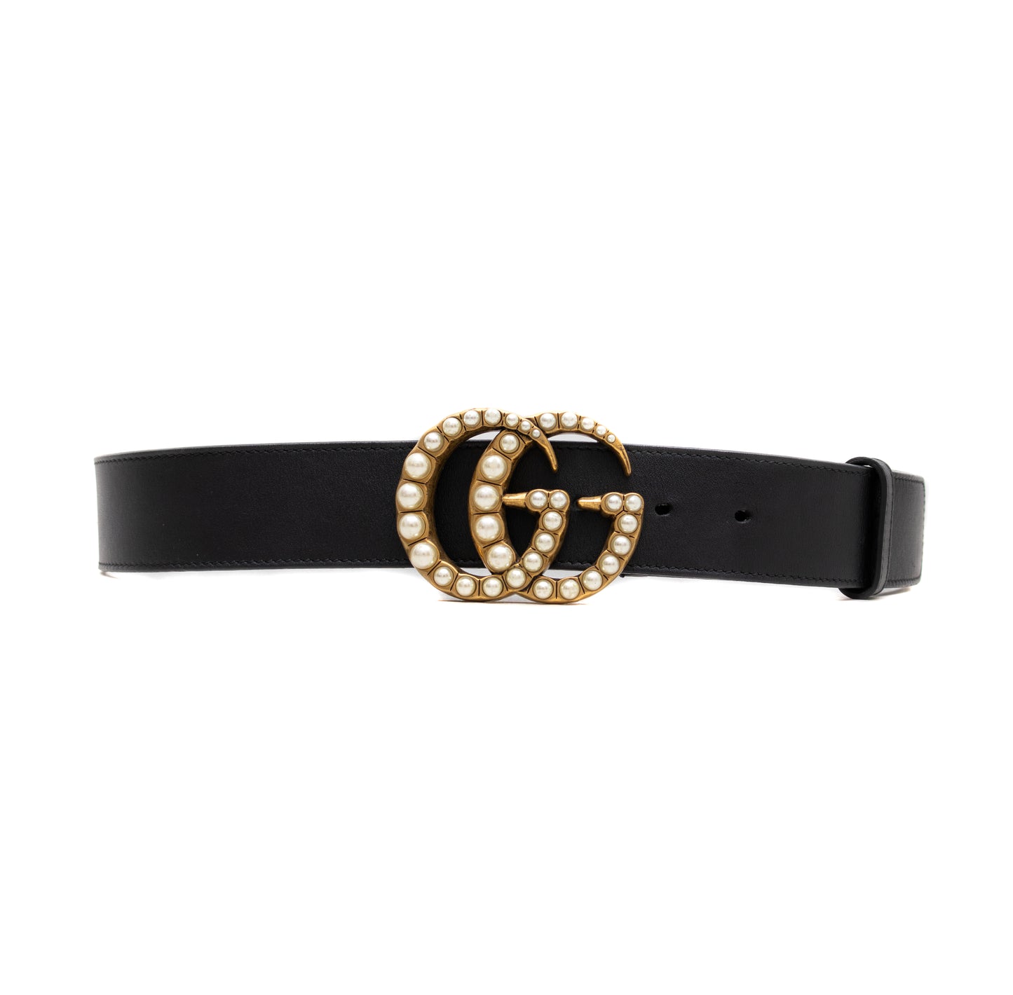 Gucci Pearl GG Buckle Belt Black Leather Gold Size 90cm 36 US
