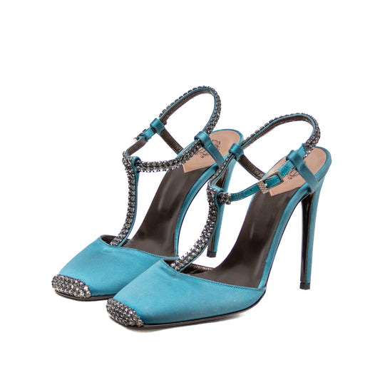Roberto Cavalli Teal Satin Crystal Embellished Heels – Size 36 (US 6 / UK 3.5 / EU 36)