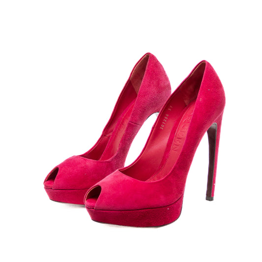 Alexander McQueen Fuchsia Suede Peep Toe Platform Heels – Size 37 (US 7 / UK 4 / EU 37)