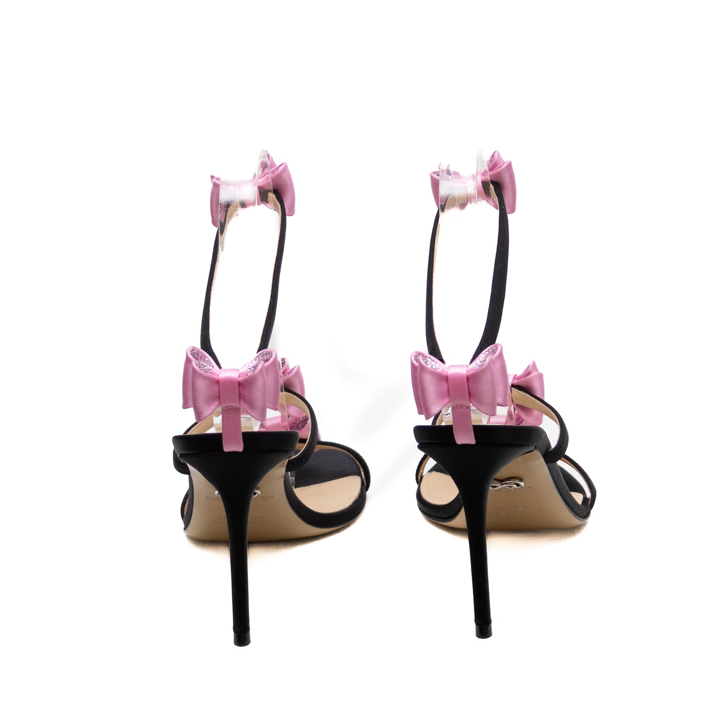 Mach & Mach Petite Cadeau – Black Satin with Pink Crystal Bow Slide Sandals US 7