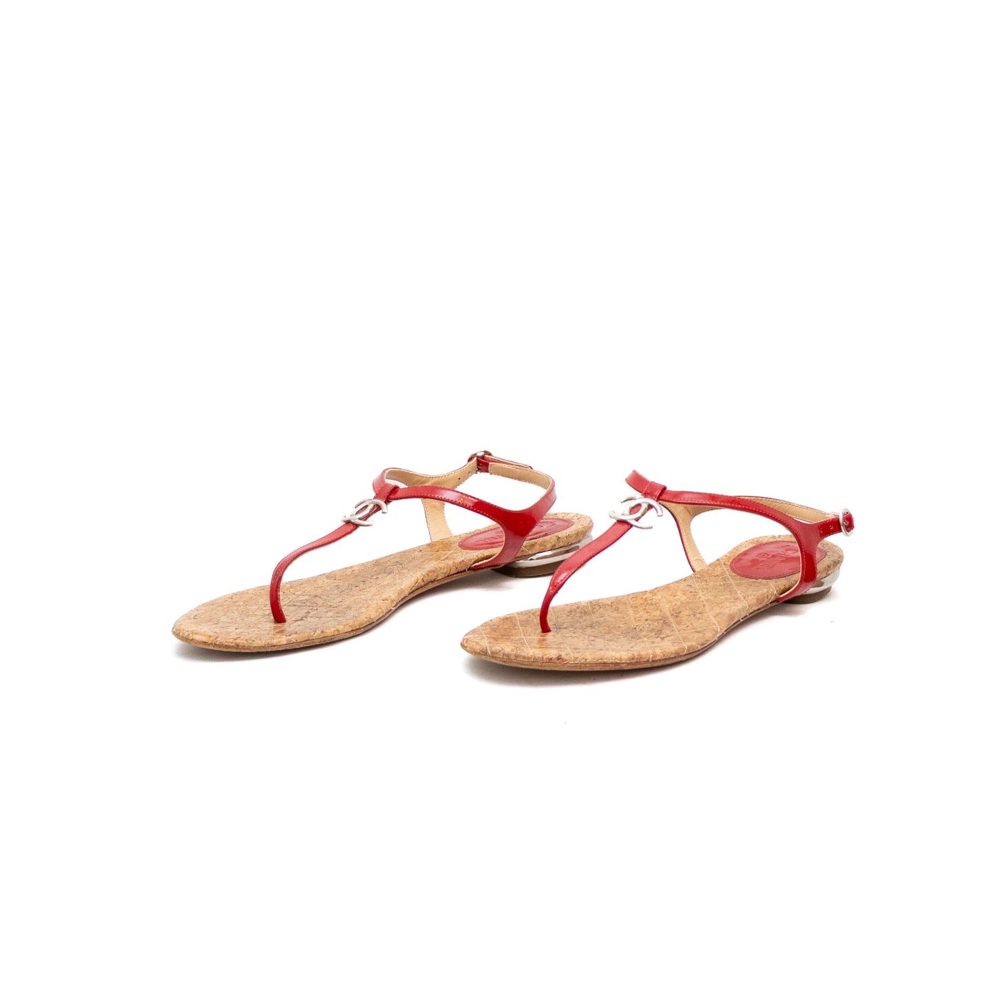 Rare Chanel Red Patent Leather CC T-Strap Thong Flat Sandals Women’s Size 7 US