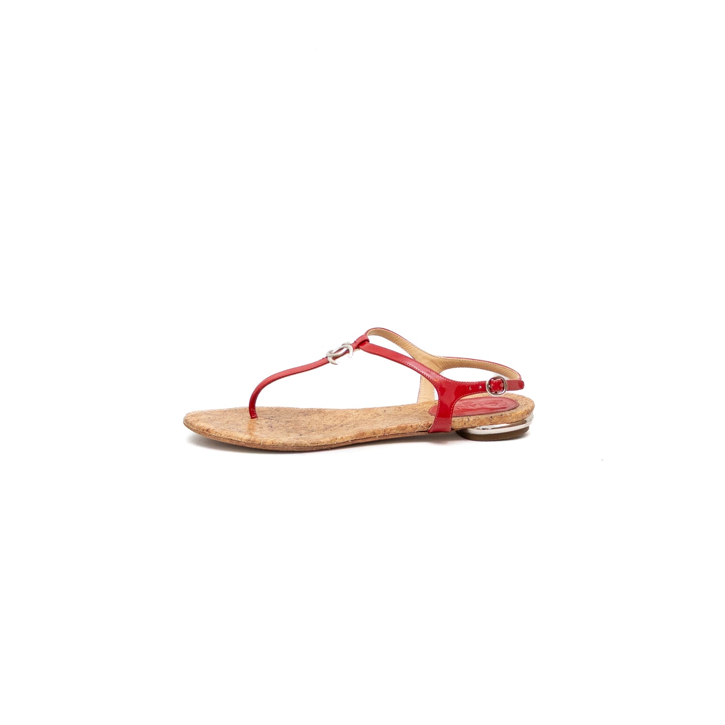 Rare Chanel Red Patent Leather CC T-Strap Thong Flat Sandals Women’s Size 7 US