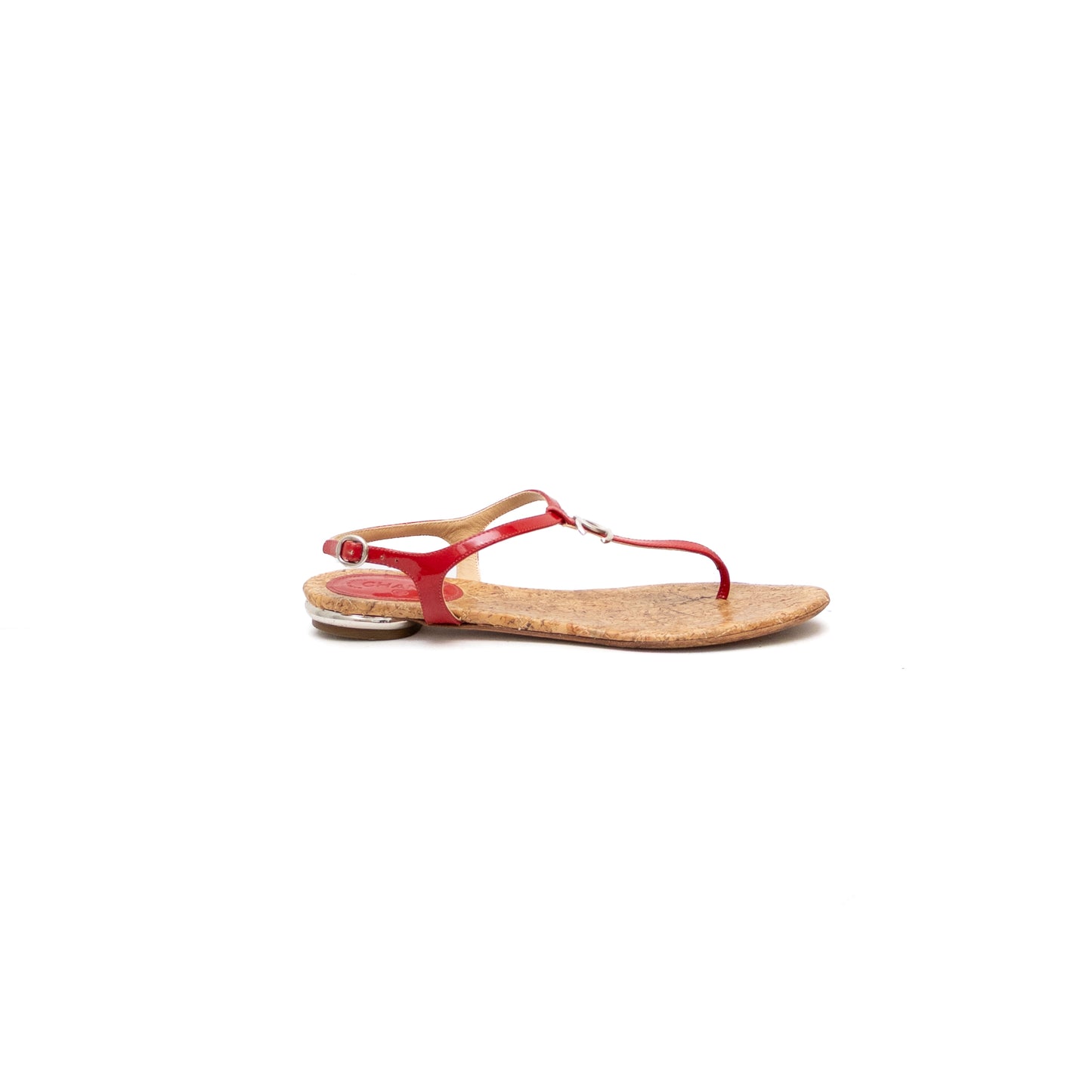 Rare Chanel Red Patent Leather CC T-Strap Thong Flat Sandals Women’s Size 7 US