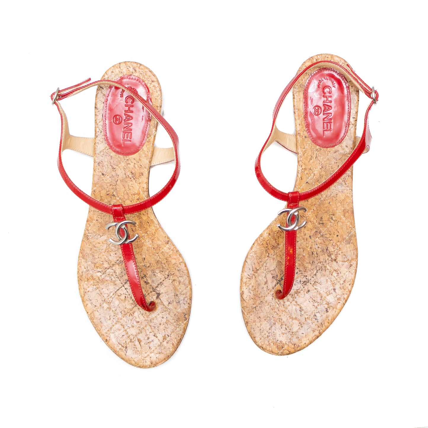 Rare Chanel Red Patent Leather CC T-Strap Thong Flat Sandals Women’s Size 7 US