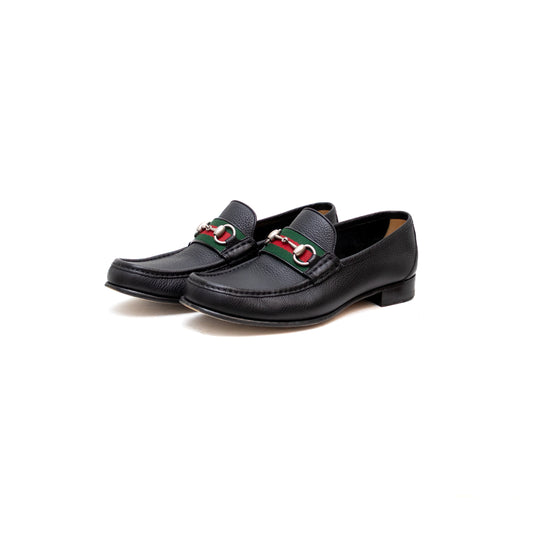 GUCCI - WEB Horse-bit Black Pebbled Leather Loafers – Men’s Size 9.5 US