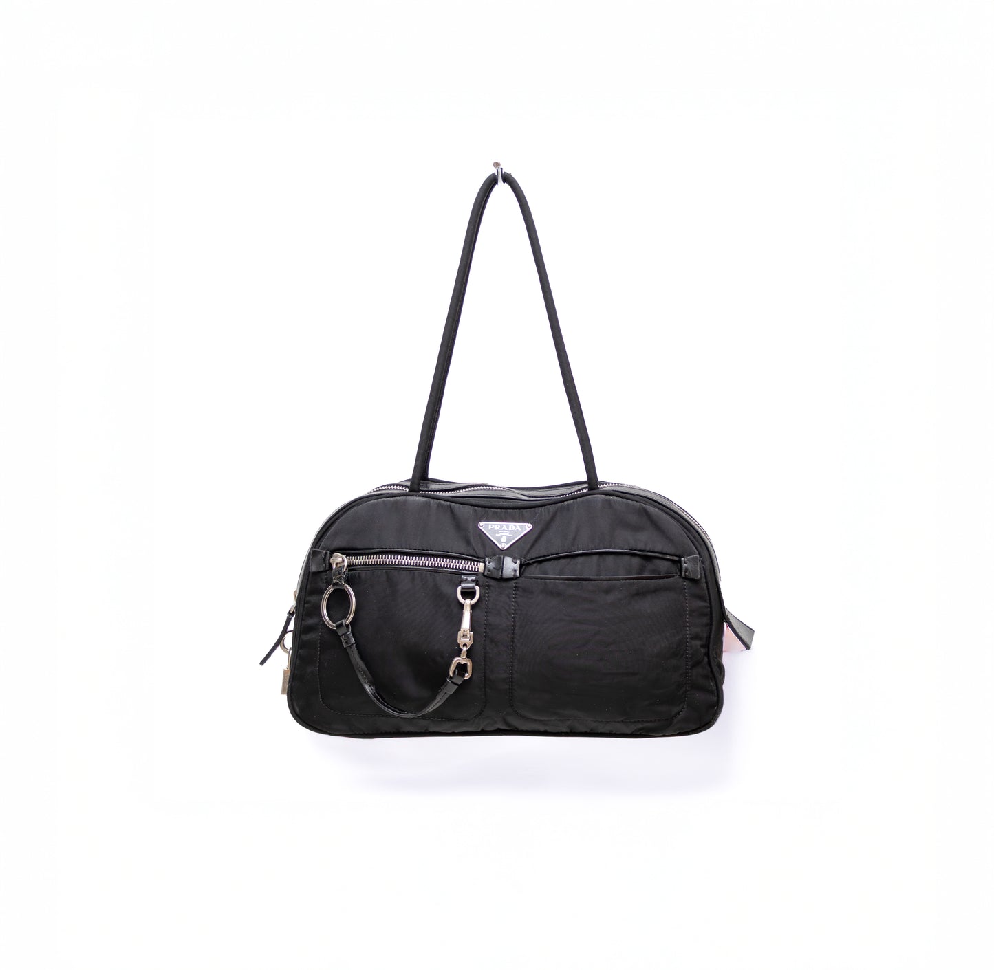 Vintage Prada Tessuto Black Nylon Front Zipper Pocket Mini Boston Bag