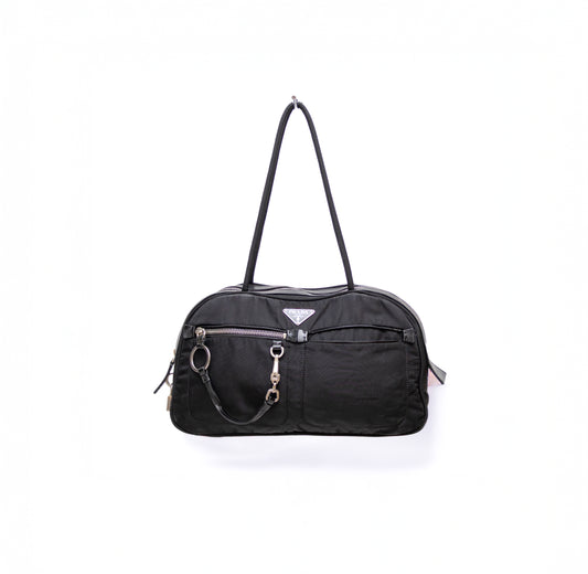 Vintage Prada Tessuto Black Nylon Front Zipper Pocket Mini Boston Bag