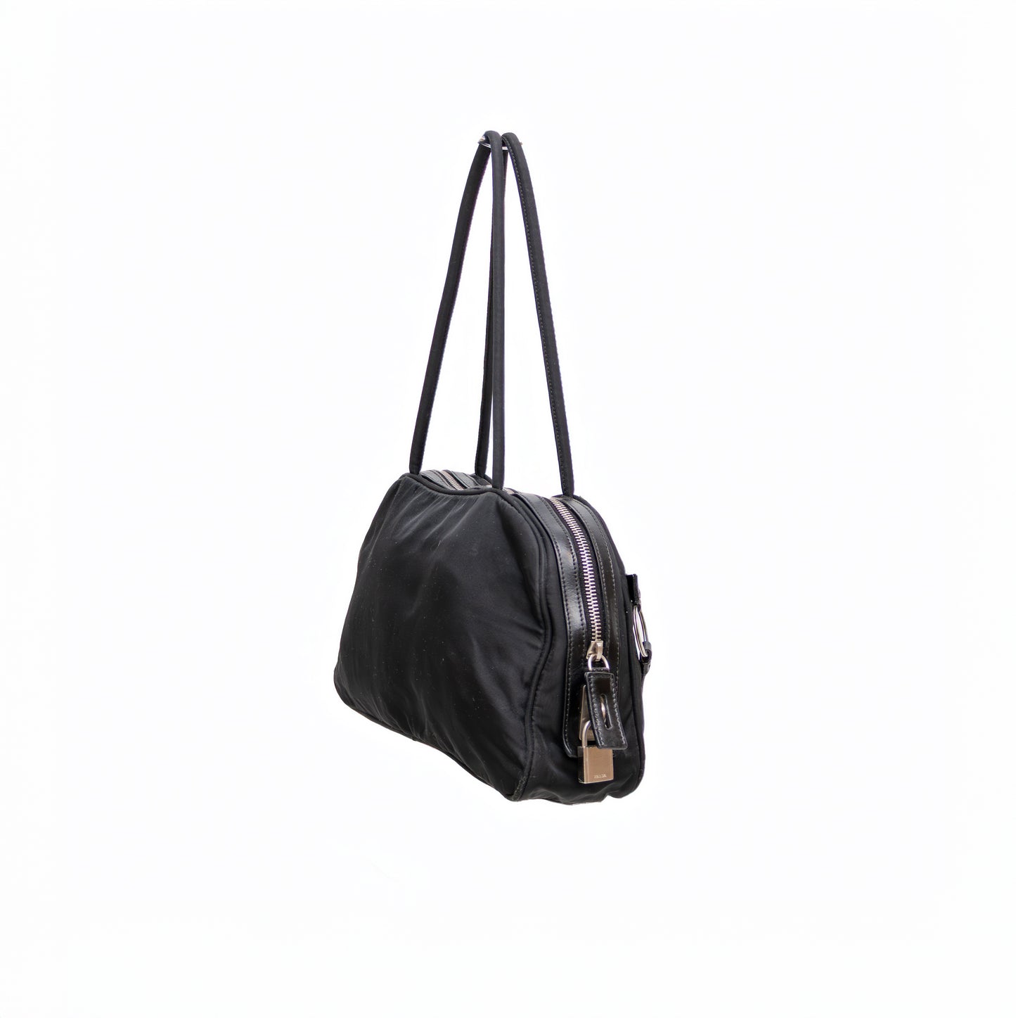 Vintage Prada Tessuto Black Nylon Front Zipper Pocket Mini Boston Bag