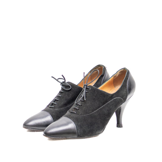 Hermès Derby Black Suede &amp; Leather Lace-Up Heels — Size 35.5 EU / 5.5 US