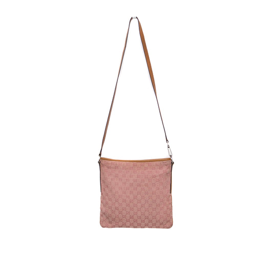 Gucci GG Monogram Pink Canvas Leather Trim Crossbody Bag - Style 113018 1956