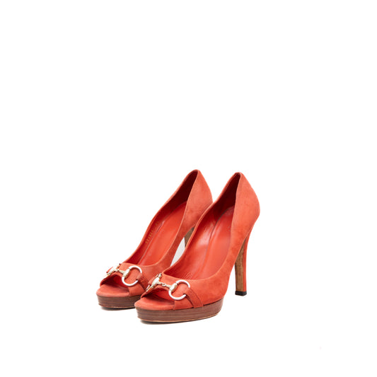 Gucci Horsebit Peep Toe Platform Pumps – Orange Suede – Size 8.5B US / 39 EU / 6.5 UK