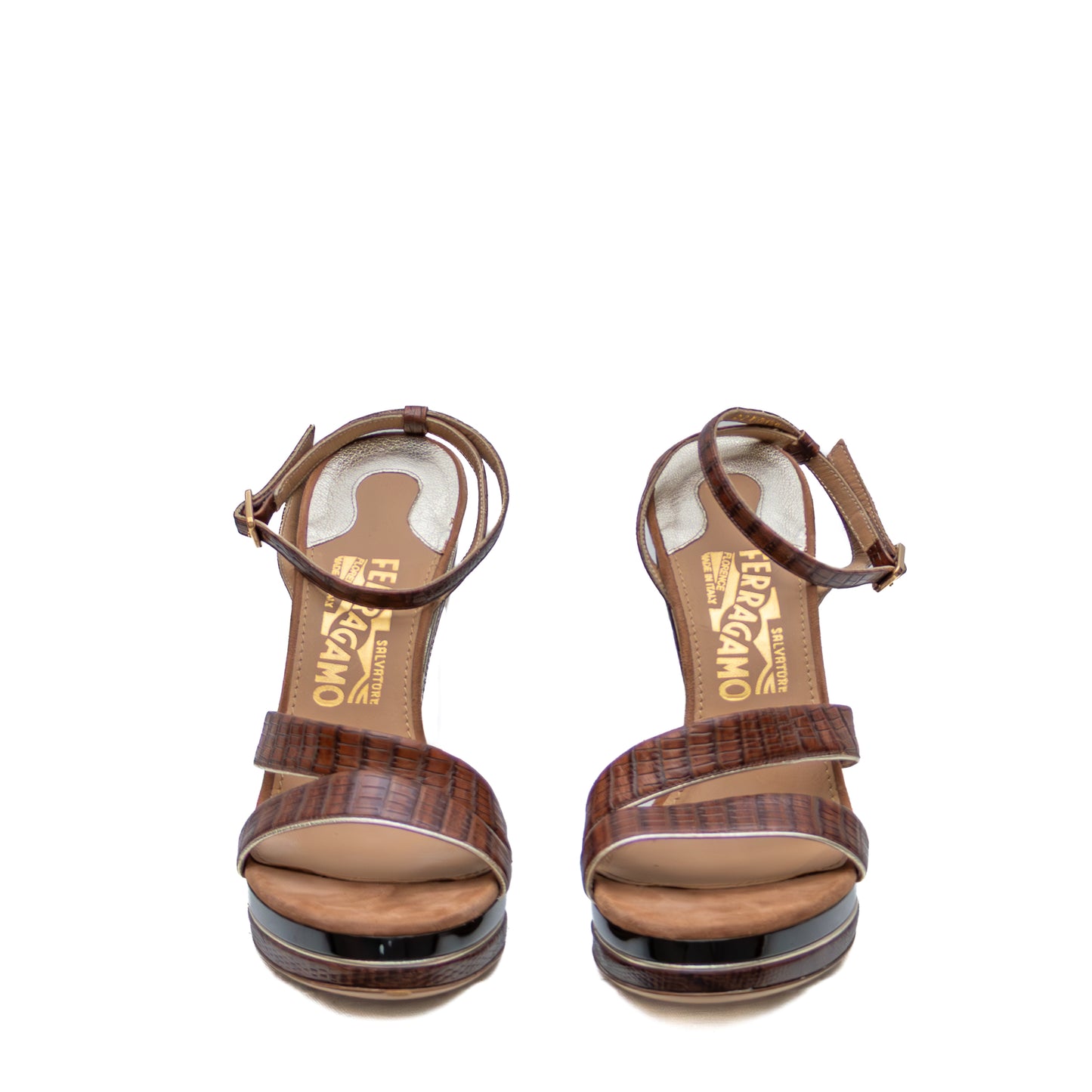 Salvatore Ferragamo Croc-Embossed Wedge Sandals – Tortoiseshell Lucite Platform – Size US 7