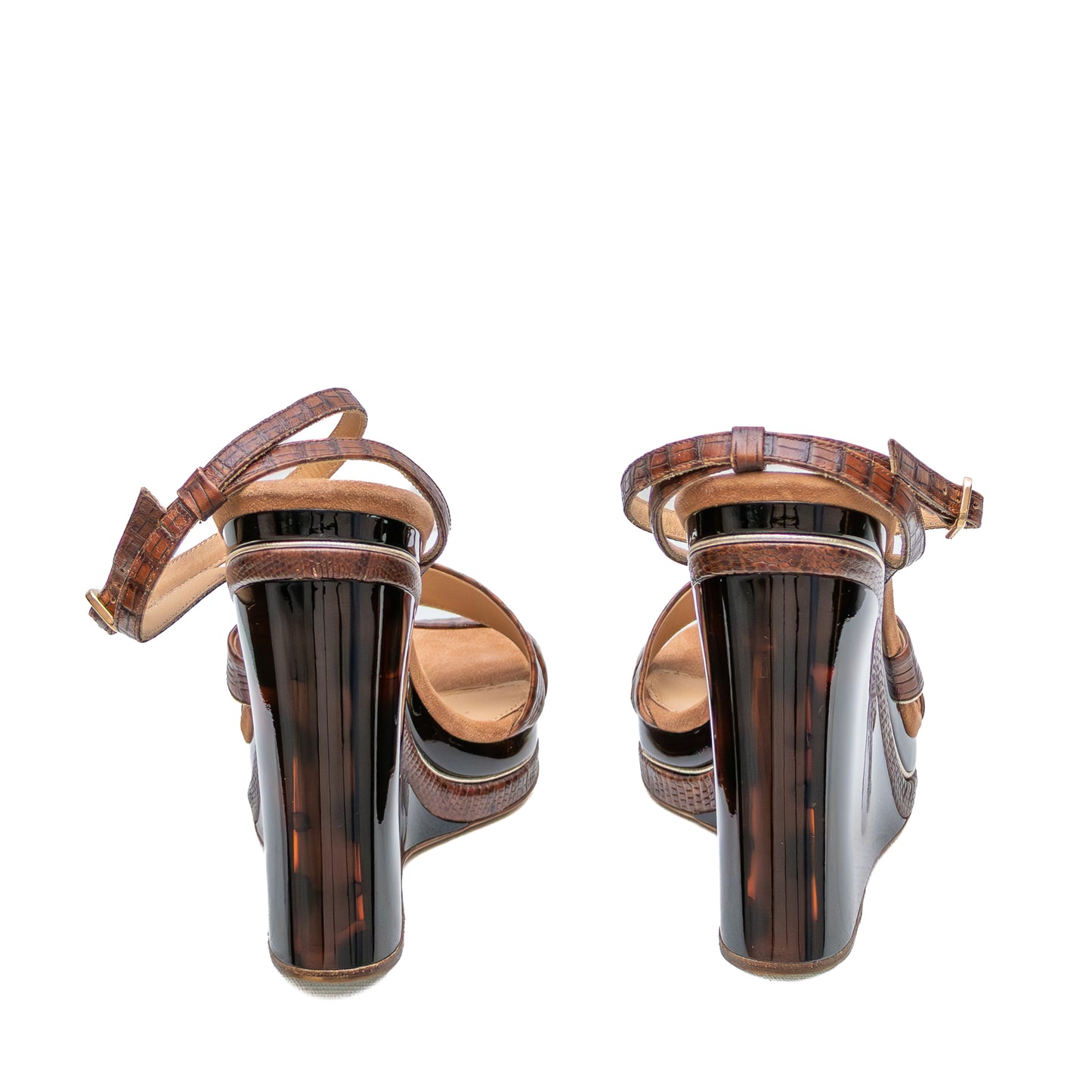 Salvatore Ferragamo Croc-Embossed Wedge Sandals – Tortoiseshell Lucite Platform – Size US 7