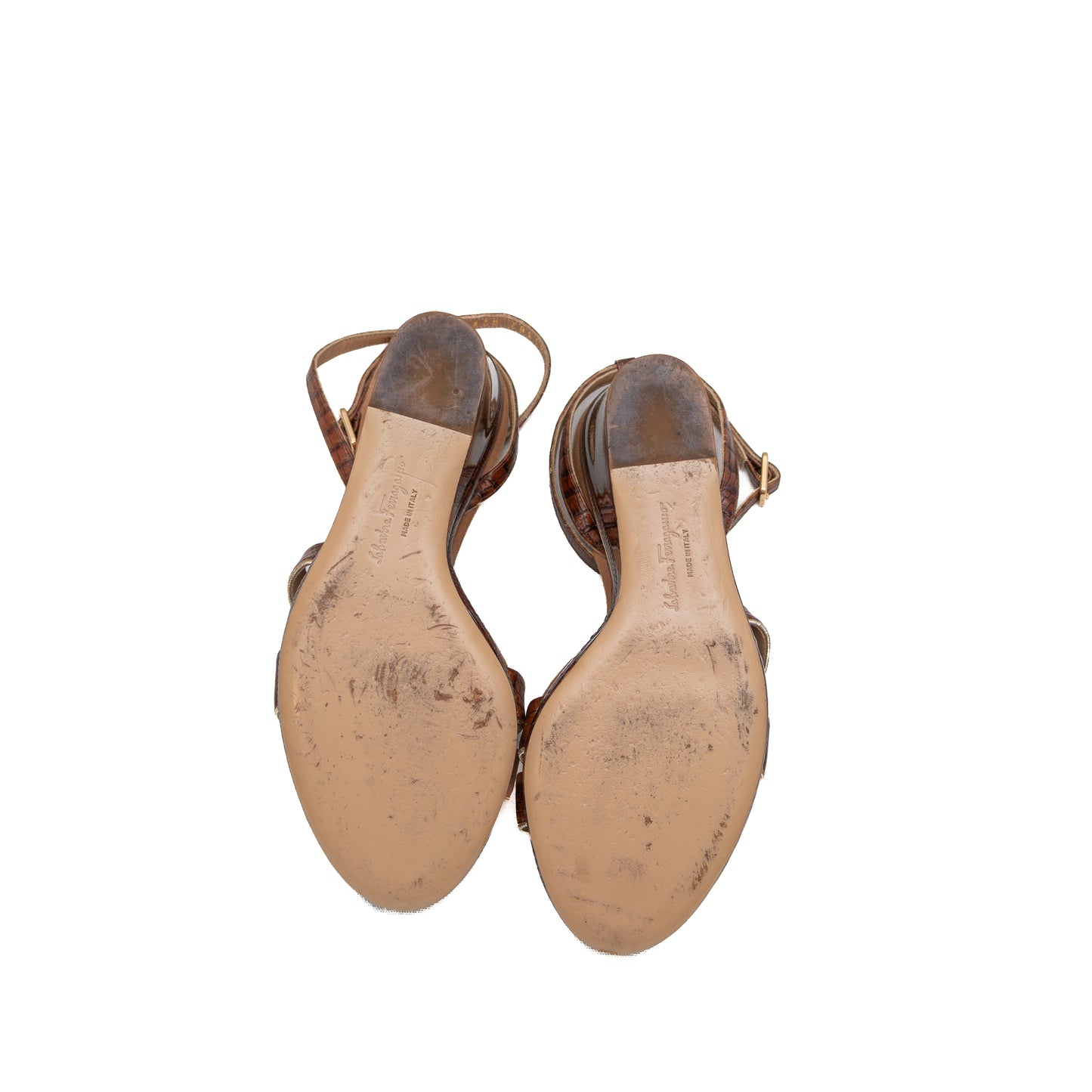 Salvatore Ferragamo Croc-Embossed Wedge Sandals – Tortoiseshell Lucite Platform – Size US 7